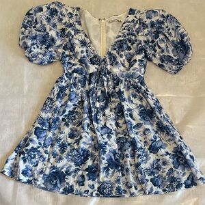 Abercrombie & Fitch Emerson Blue Floral Mini Dress SP Petite Smocked Puff Sleeve